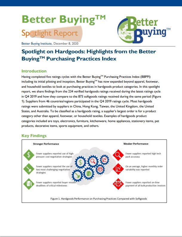 Spotlight on Hardgoods: Highlights from the Better Buying Purchasing Practices Index TM 2020
