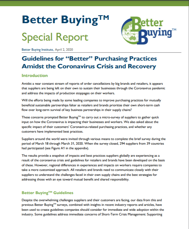 Guidelines for “Better” Purchasing Practices Amidst the Coronavirus Crisis and Recovery